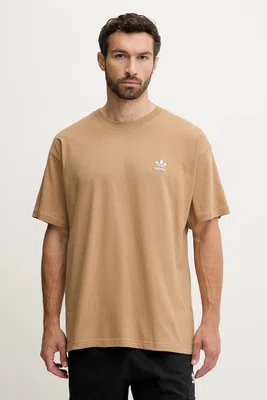 Bavlněné tričko adidas Originals Essentials pánské, hnědá barva, s aplikací, JV5944