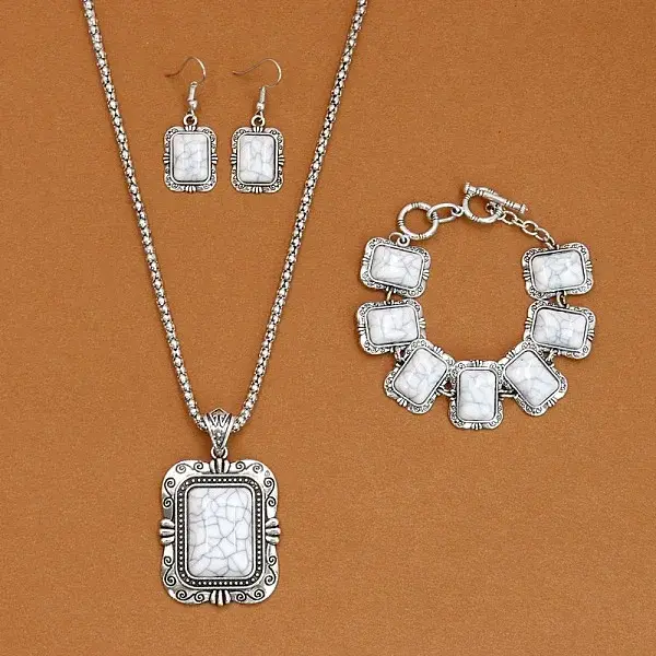 Rectangle Alloy with Synthetic Turquoise Pendant Necklaces & Dangle Earrings & Link Bracelets Sets