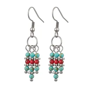 Synthetic Turquoise Beaded Tassel Dangle Earrings