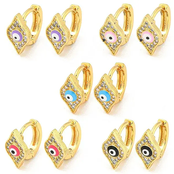 Rhombus with Evil Eye Real 18K Gold Plated Brass Hoop Earrings