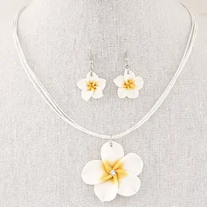 Flower Polymer Clay with Wax Cord Pendant Necklaces & Dangle Earrings Sets