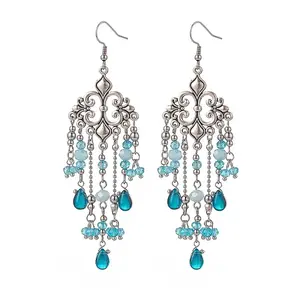 Glass Teardrop Tassel Chandelier Earrings