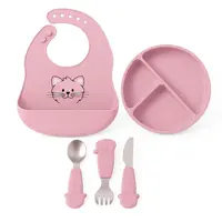 Detský silikónový set FreeON - ružový tanier, príbor a podbradník