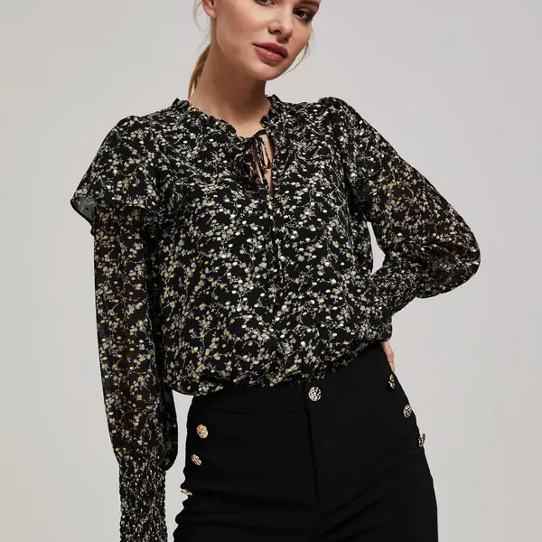 Marisse Patterned Shirt With A Tie At The Neckline, Black