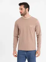 Ombre Men's cotton longsleeve with striped U neckline and embroidery - brown