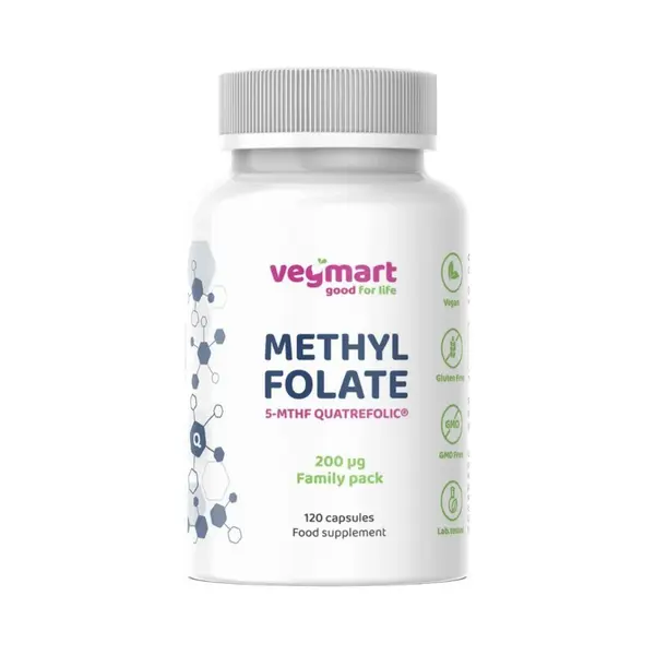 Vegmart Methylfolate (5-MTHF) Quatrefolic® 200 µg- Family pack, 120 kapsúl