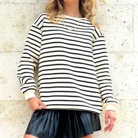 Trend Alaçatı Stili Women's Black Crew Neck Striped 3 Thread Ribbed Sweatshirt