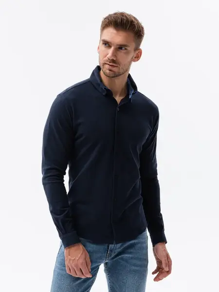 Ombre Men's knitted SLIM FIT long sleeve shirt - navy blue