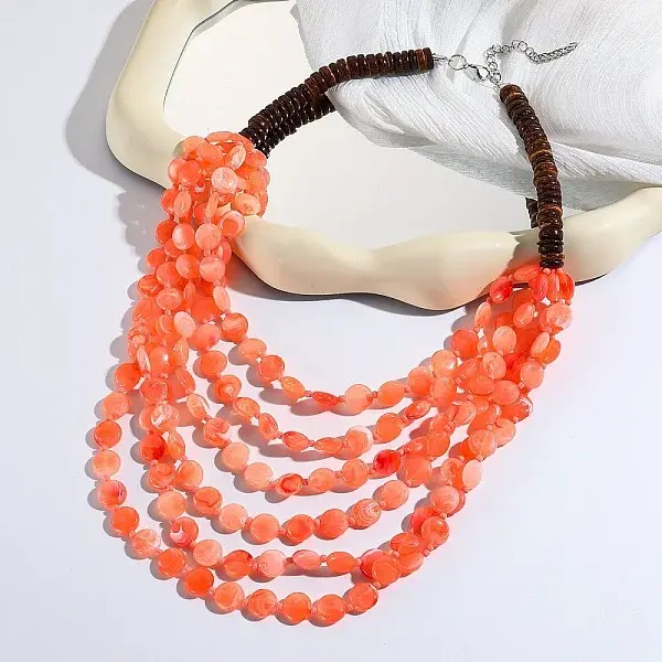 Flat Round Resin & Coconut Heishi Beaded Multi Layered Necklaces for Women