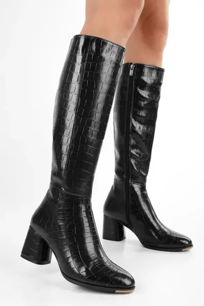 Shoeberry Women's Kiella Black Crocodile Heeled Boots