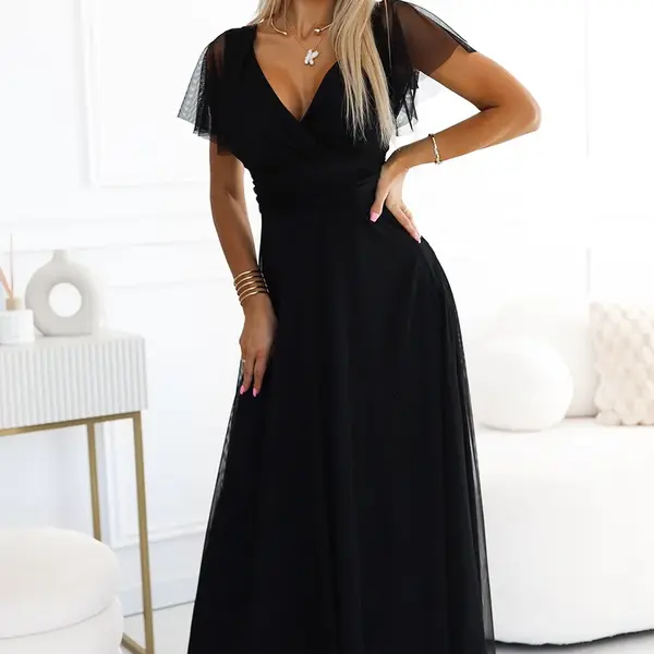 562-3 NASTIA Dlouhé šaty s výstřihem a krátkým rukávem - ČERNÉ