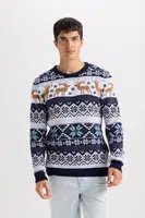 DEFACTO Standard Fit Christmas Themed Crew Neck Knitted Sweater