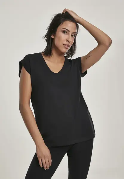Women's T-shirt with round V-neck with extended shoulder black