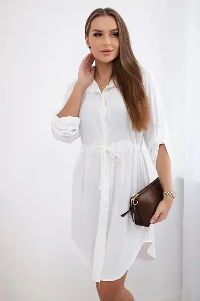 Dress with button fastening and fastening at the waist ecru