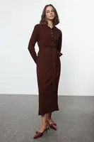 Trendyol Brown Belted Buttoned Polo Collar Knitwear Corduroy Sweater Dress
