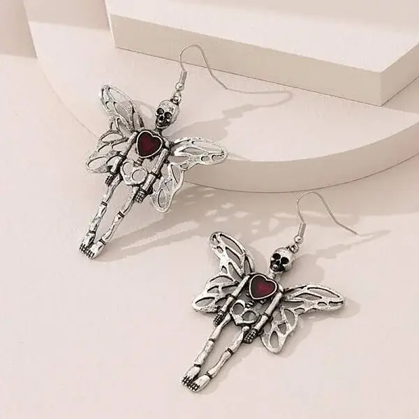 Skeleton with Wing Alloy Rhinestone Dangle Earrings