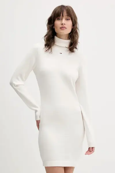 Bavlněné šaty Tommy Jeans bílá barva, mini, přiléhavé, DW0DW21958