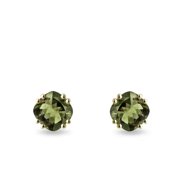 Zlaté náušnice napichovačky s vltavínom KLENOTA