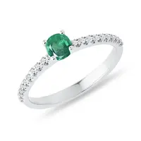 Prsten z bílého 14k zlata s diamanty a smaragdem KLENOTA