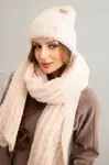 Kesi Dámský komplet čepice a šály s proužkem a ozdobou světle pudrově růžový