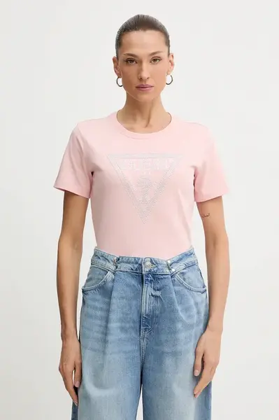 Bavlněné tričko Guess dámské, růžová barva, W5BI18 I3Z14