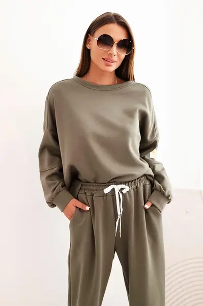 Kesi Włoski Komplet dámský máslový s volnou mikinou a kalhotami s nápisem LOVE khaki
