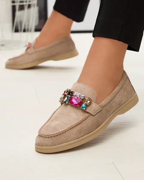 Resti Eco suede light brown women's moccasins with decorative crystals Nellens- Footwear