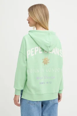 Mikina Pepe Jeans dámská, zelená barva, s kapucí, s potiskem, PL581526