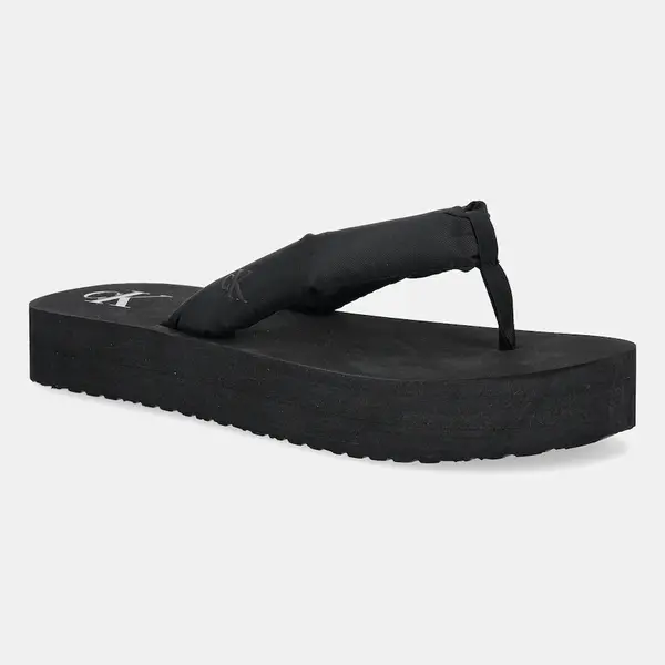 Žabky Calvin Klein Jeans BEACH SANDAL FLATFORM TTXR SATIN dámské, černá barva, na platformě, YW0YW01723