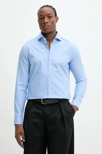 Bavlněná košile HUGO modrá barva, slim, s italským límcem, 50539710