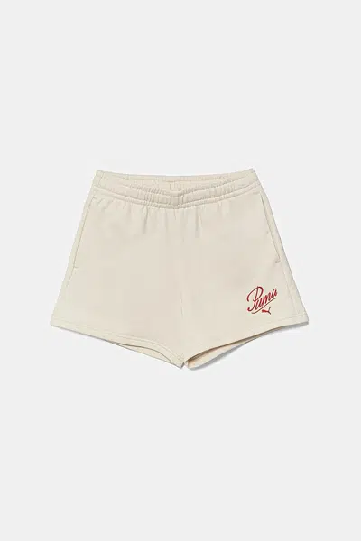 Dětské kraťasy Puma ESS SCRIPT Shorts G béžová barva, s aplikací, 685869
