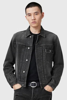 Džínová bunda AllSaints JAYGER černá barva, přechodná, M014OC