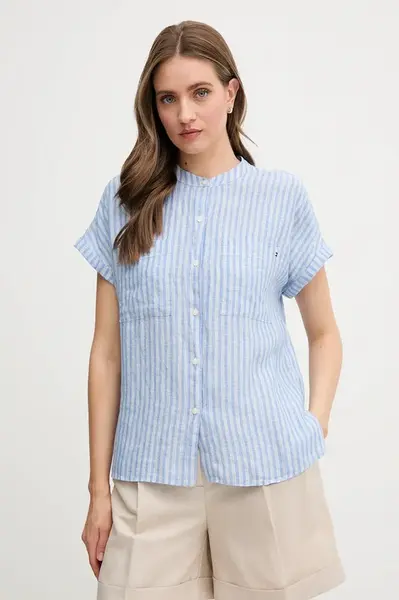 Lněná košile Tommy Hilfiger dámská, modrá barva, relaxed, se stojáčkem, WW0WW44715