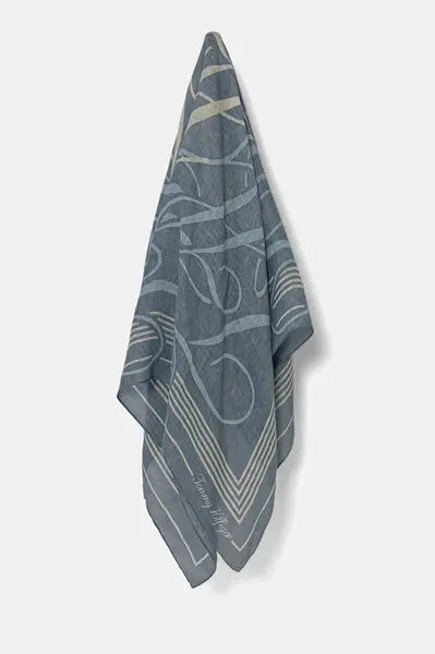 Lněný šátek Tommy Hilfiger dámský, modrá barva, AW0AW17491