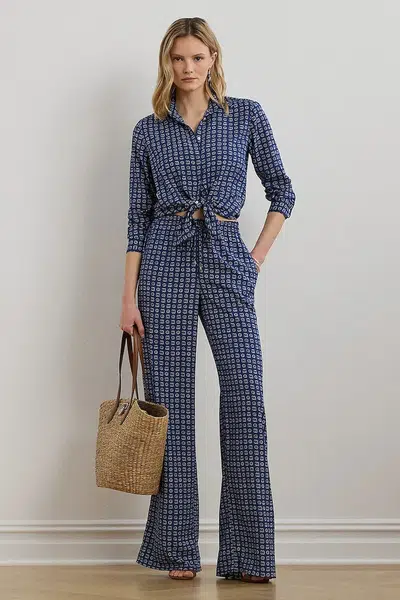 Kalhoty Lauren Ralph Lauren dámské, tmavomodrá barva, široké, high waist, 200970744