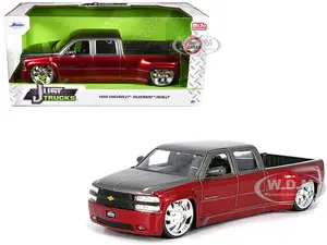 1999 Chevrolet Silverado Dually Pickup Truck Red Metallic and Gray with Custom KMC Wheels "Just Trucks" Series 1/24 Diecast Model Car by Jada