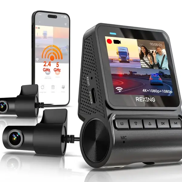 REXING RH2 Triple Channel Dash Cam - 2.5K Front and Dual 1080p Rear Cameras with Wi-Fi, and Optional GPS - RH2-3+64G