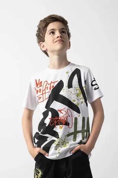 Dětské bavlněné tričko Coccodrillo bílá barva, s potiskem, SPORTS BOY JUNIOR