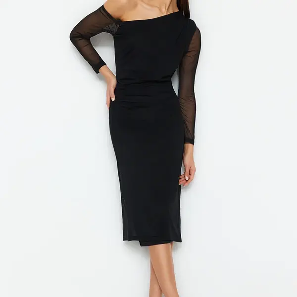 Trendyol Black Abstract Lined Midi Lined Asymmetrical Neck Knit Dress