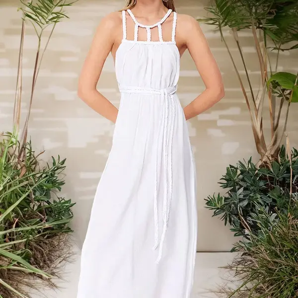 Trendyol White Belted Maxi Woven Tie-Up 100% Cotton Beach Dress
