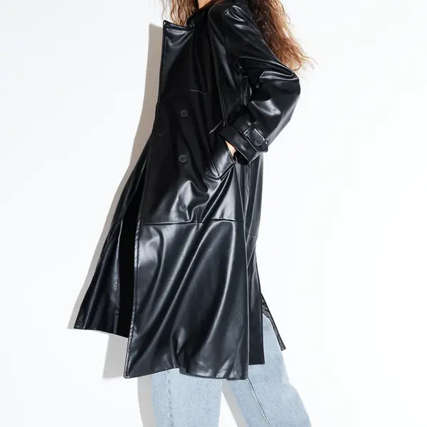 Trendyol černý trenčkot z umělé kůže s páskem