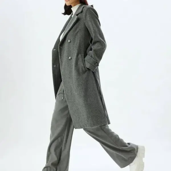 Koton Double Breasted Collar Long Stamp Coat with Belt Detail
