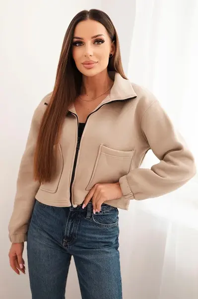 Bavlněná zateplená mikina se zipem světle béžová