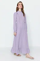 Trendyol Lilac Gingham vzorované volánkové detailní tkané šaty