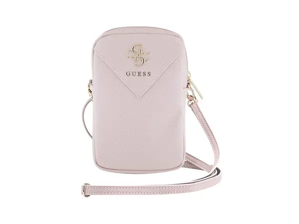 Taška na telefon se zipem Guess PU Grained 4G Metal Logo, růžová