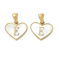 304 Stainless Steel Pave Natural White Shell Heart with Initial Slice Pendants