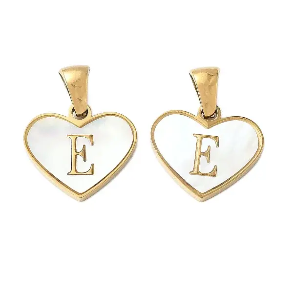 304 Stainless Steel Pave Natural White Shell Heart with Initial Slice Pendants