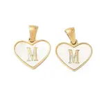 304 Stainless Steel Pave Natural White Shell Heart with Initial Slice Pendants