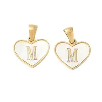 304 Stainless Steel Pave Natural White Shell Heart with Initial Slice Pendants