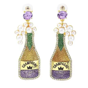Carnival Theme Glitter Zinc Alloy Champagne Winebottle Dangle Stud Earrings